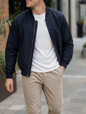 Jack & Jones Navy Cotton Linen Bomber Jacket Mens Zip-Up Lightweight Minimalist